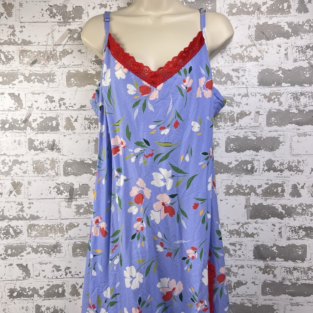 Adore Me Sexy Granny House Dress Sz L Retro Blue Floral Red Lace Trim Leggy Slit